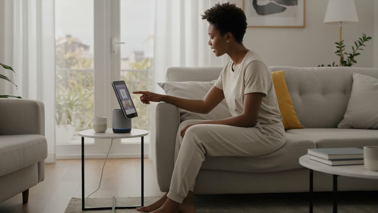 A person interacting with a smart device while seated on a couch in a cozy living room, demonstrating the integration of technology in daily life