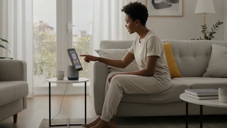 a person interacting with a smart device while seated on a couch in a cozy living room, demonstrating the integration of technology in daily life