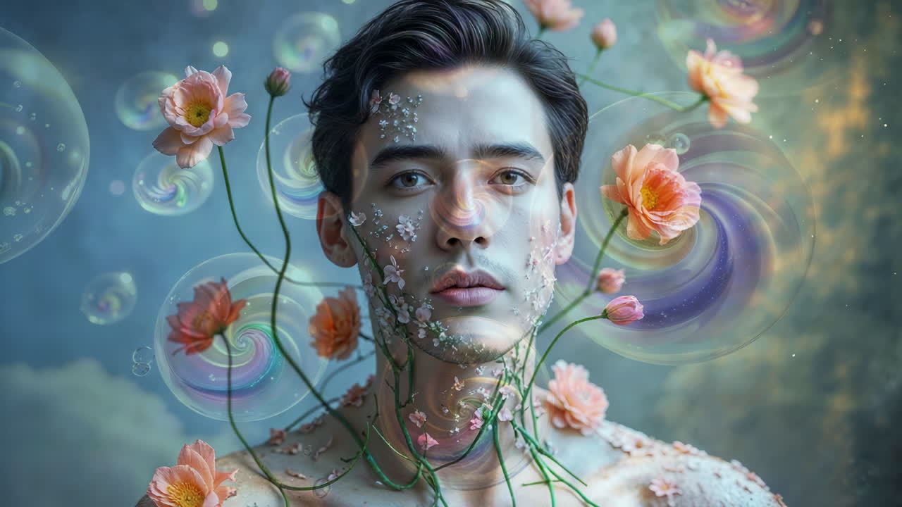 Surreal Floral Portrait of a Man with Bubbles