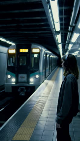 mujer esperando el tren en la estación de metro