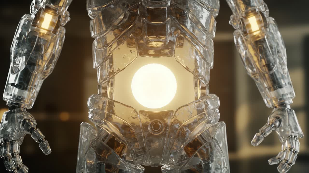 Futuristic Clear Robot with Luminescent Core: Captivating Display of Technology and Design in a High-Tech Environment