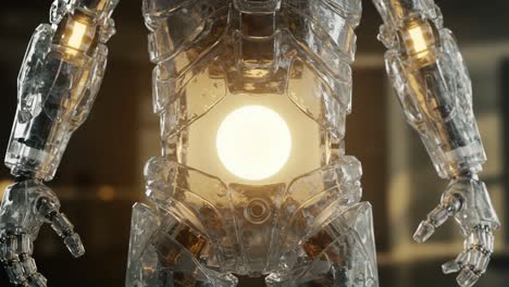 futuristic clear robot with luminescent core: captivating display of technology and design in a high-tech environment