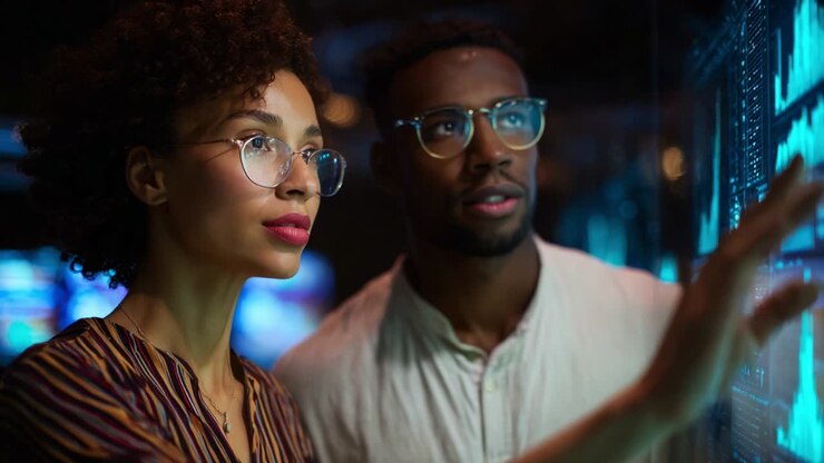 A Diverse Team Analyzing Data Visualizations in a Modern Workspace, Focused on Insights and Collaboration: Exploring Analytics and Trends to Drive Informed Decisions and Strategic Planning