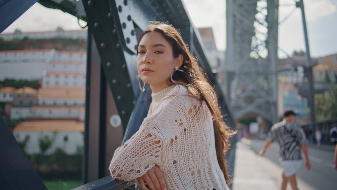Relaxed girl posing vacation trip marine town view portrait. Sad woman resting