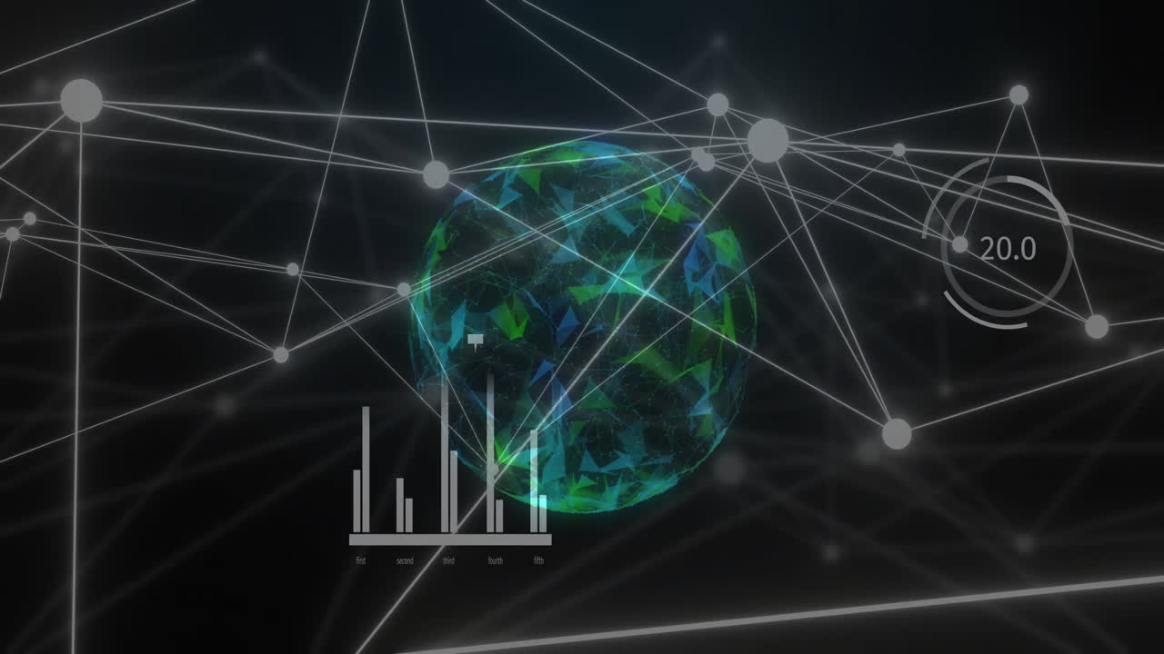 Animation of network of connections with data processing over globe on black background