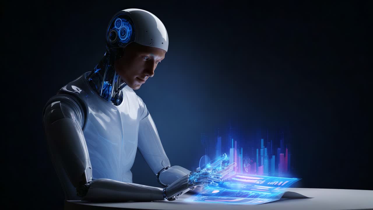En futuristisk, humanoid robot analyserer data via interaktive hologrammer og interagerer med digitale interfaces, der viser forskellige grafer og statistikker i realtid