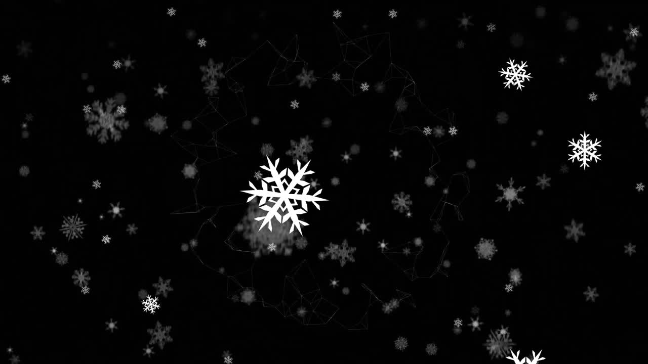 Animation of christmas snowflakes falling on black background