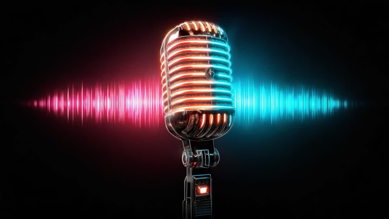 Un microfono retrò dinamico circondato da onde sonore vibranti in rosa e blu radiosi, perfetto per temi legati alla musica e all'audio.