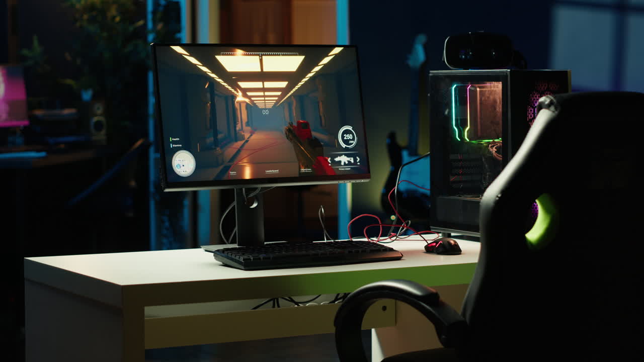 Home living room with no people in and PC display left open