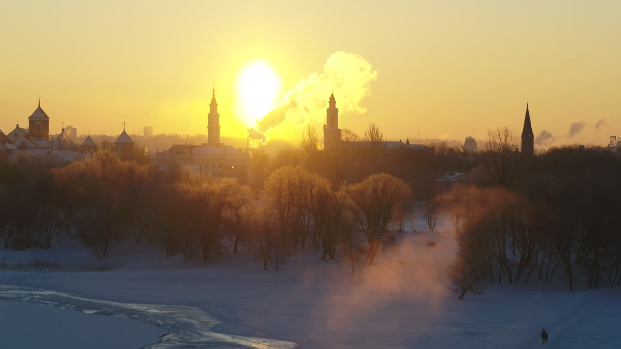 Cold winter morning in Kaunas old town. Drone aerial view