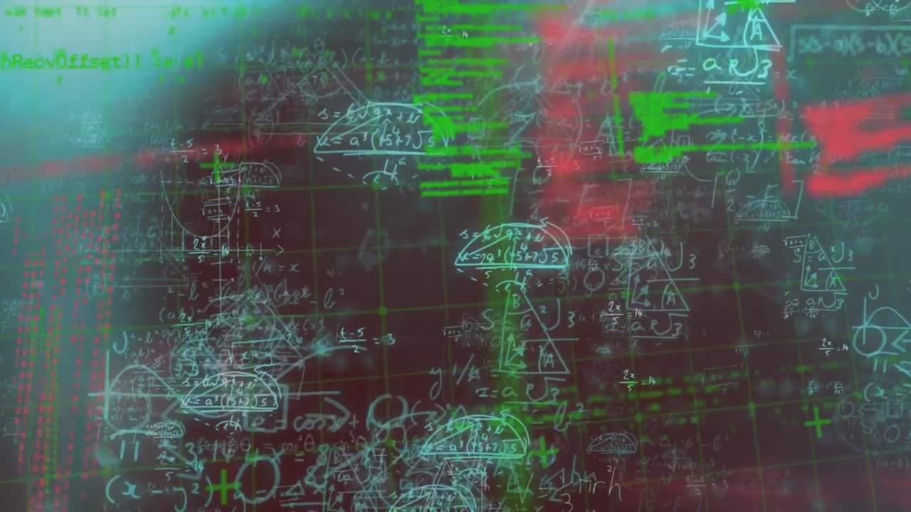 Animazione di angoli geometrici in movimento e formule matematiche con dati di programmazione e pattern a griglia.