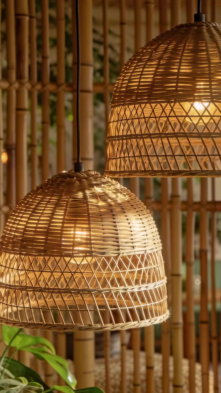 Video verticale: Panoramica della telecamera che mostra lampade in rattan che ondeggiano in un salotto, rivelando listelli di bambù e una pianta.