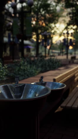 tranquil sunset at a city park with water fountains