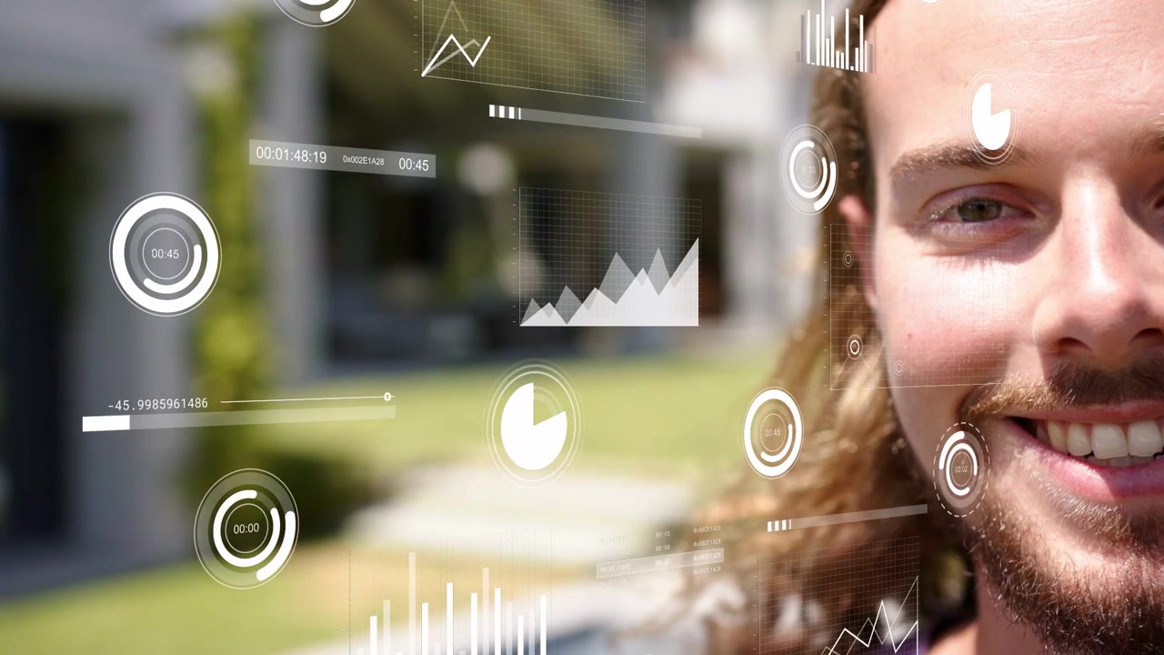 Man entering frame as HUD animating overlaying face with charts over blurred yard showing analytics