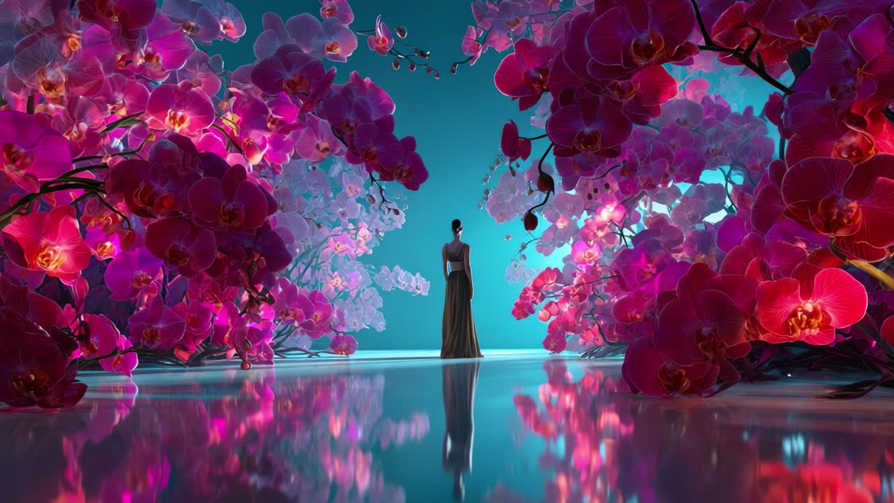 Elegant Woman Surrounded by Orchids