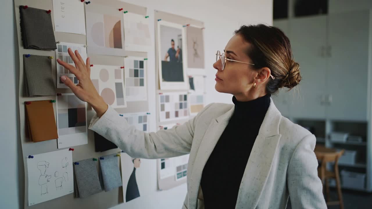 Noticing swatch, woman in blazer touching pinboard at studio comparing colors, copy space