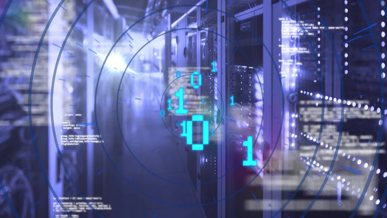 After LED flicker server racks projecting binary while expanding HUD, lens flares showing data flow