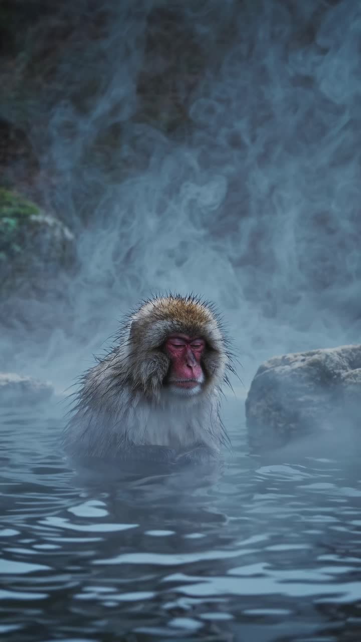 A serene video still of a monkey in a hot spring, surrounded by mist