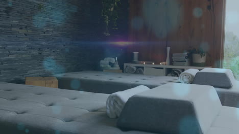 spa beds with towels and candles, relaxation and wellness animation