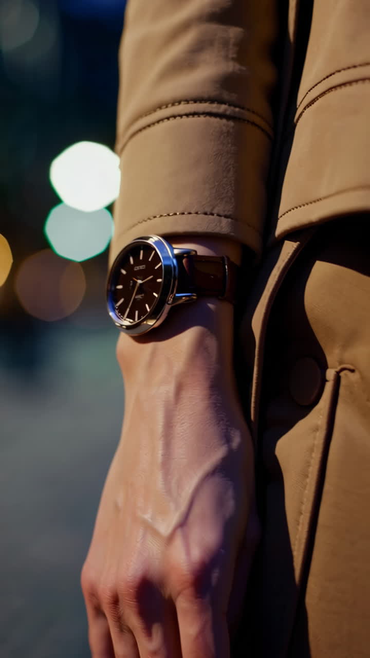 Close-up of a person wearing a watch and a trench coat at night with blurred city lights
