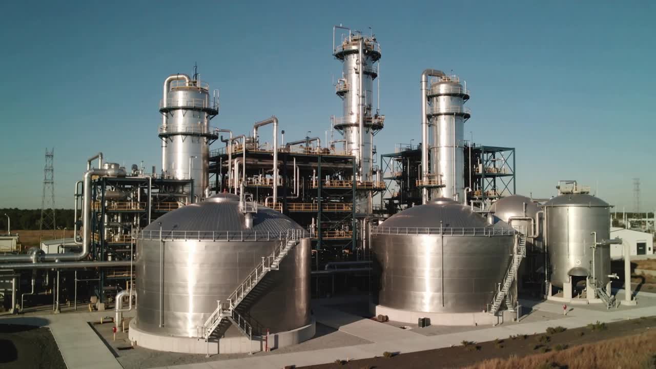 Dolly rolling camera approaching two steel domed tanks with staircases at plant, revealing piping