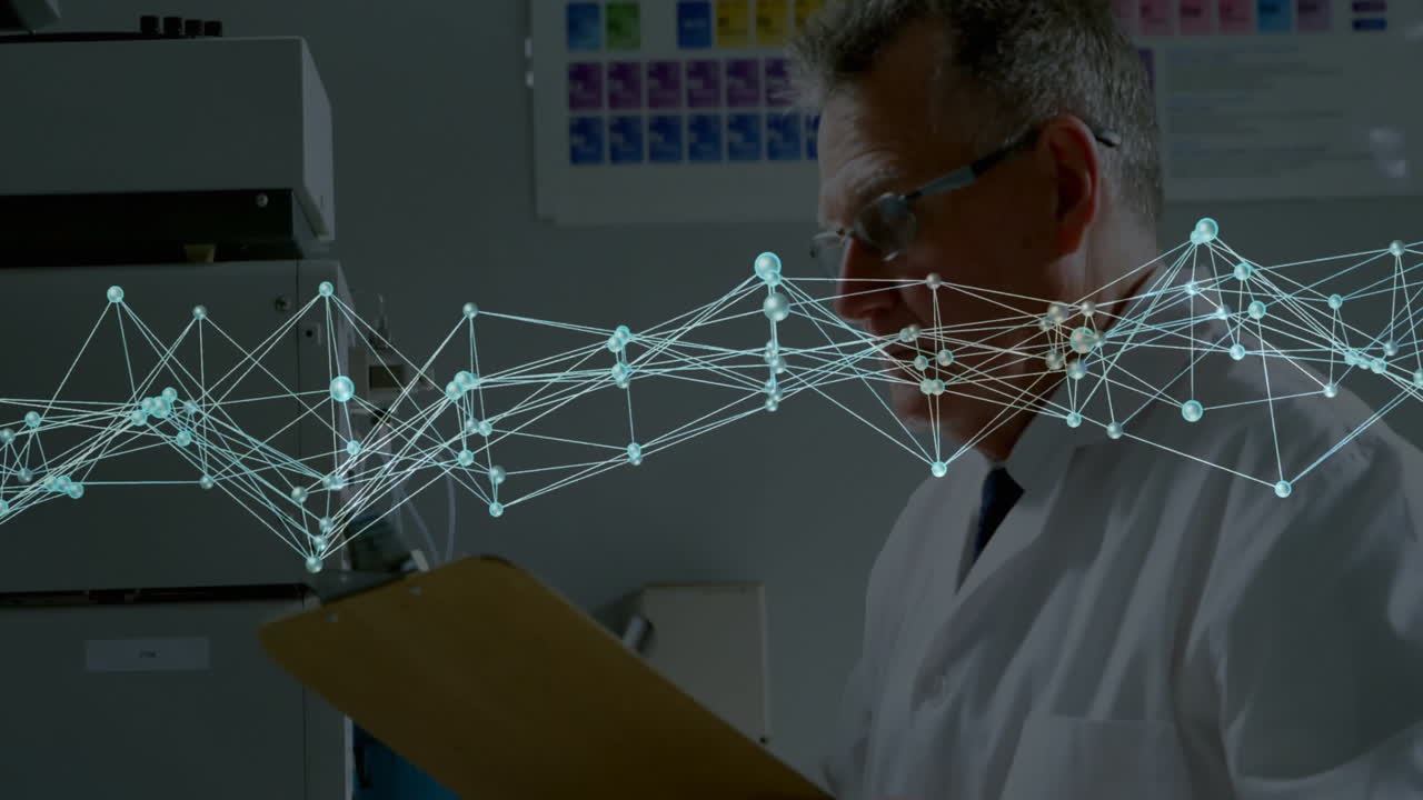 Scientist analyzing data with network connections animation overlay in laboratory