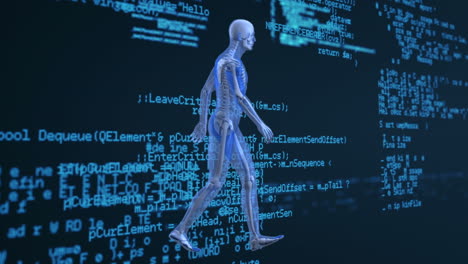 animation of walking human model over data processing in blue and black space