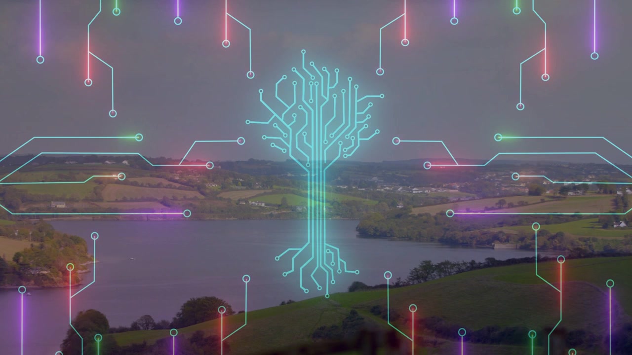 Crescent rising over lake, sparking neon tech tree forming, pulsing, breaking, fading, showing net
