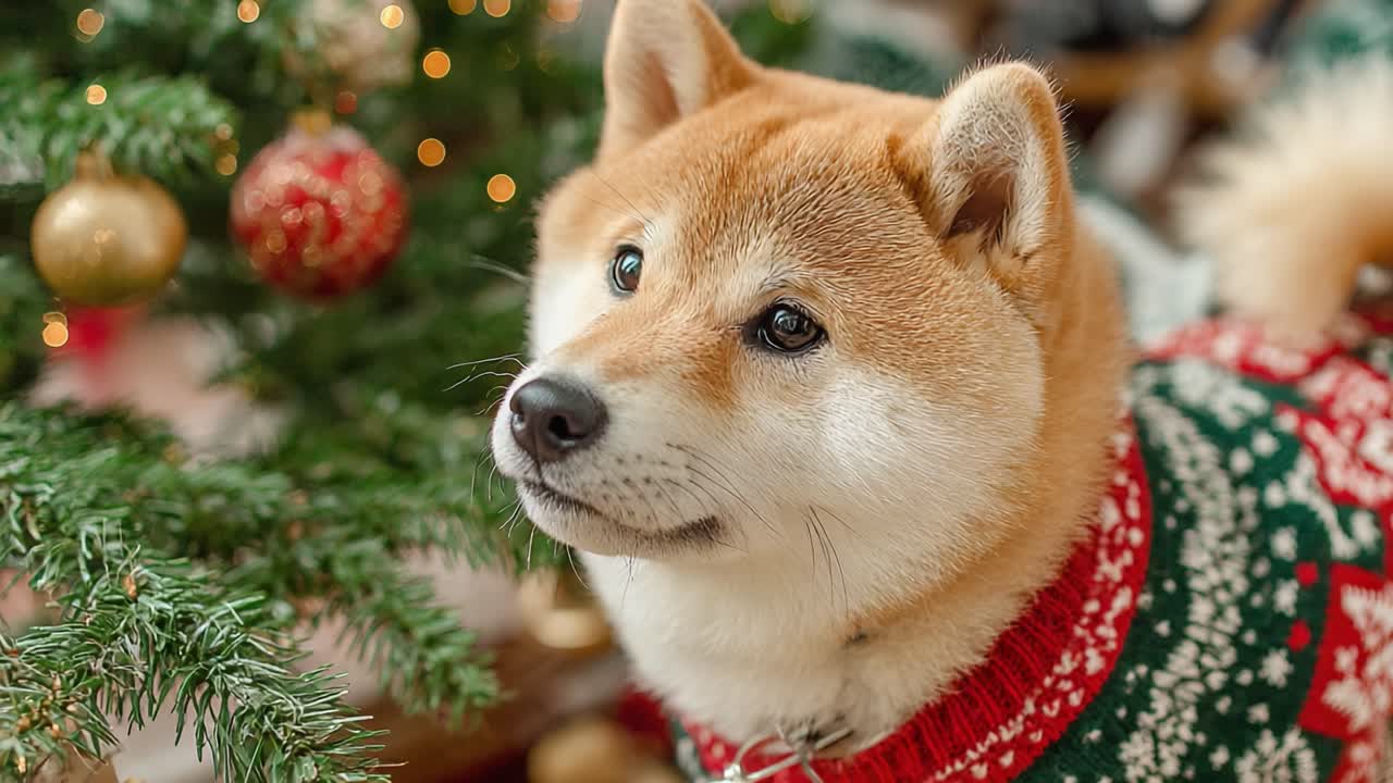 Adorable Shiba Inu Dog Dressed in Festive Sweater Beside Christmas Tree with Ornaments, Captured in the Joyful Holiday Spirit