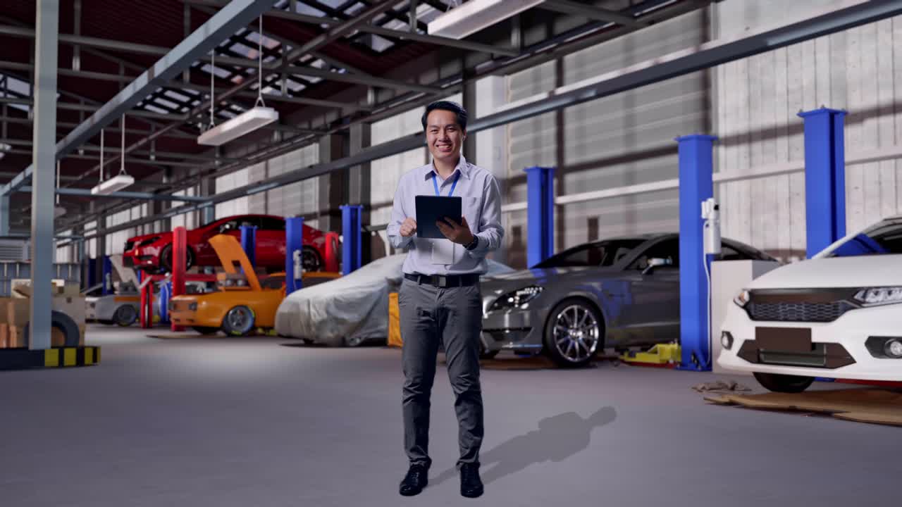 Full Body Of An Asian Male Professional Worker Standing in Auto Repair Shop, Typing On Tablet'S Keyboard With Green Screen And Look At The Factory Once
