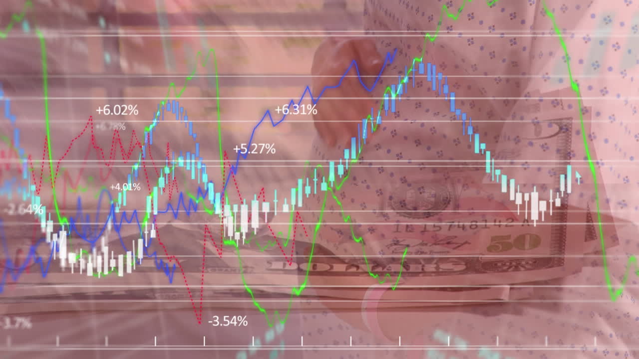 임산부 위의 금융 데이터 처리 및 미국 달러 지폐의 애니메이션