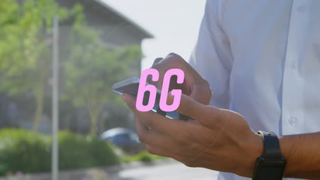 animación de texto de 6g sobre un hombre biracial usando un teléfono inteligente