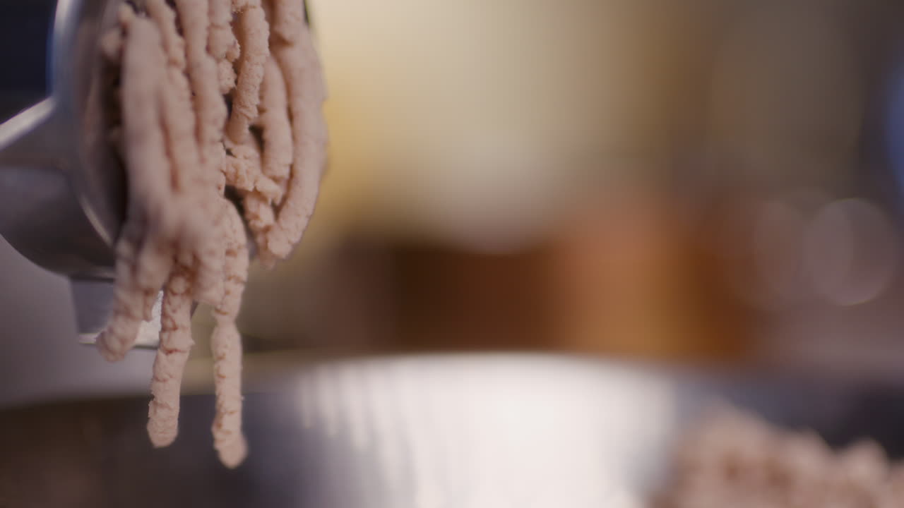 고기 밀기에서 고기를 는 클로즈업 매크로 고기가 밀기에서 나옵니다.