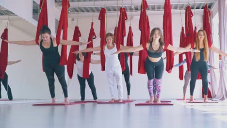 slim ladies group enjoys practicing anti-gravity yoga asana