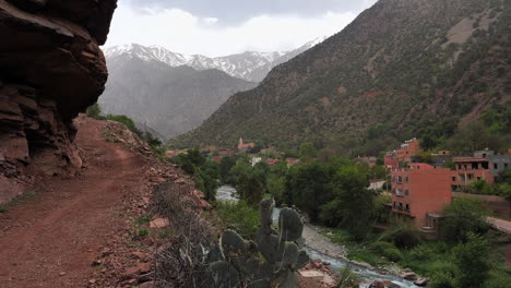 scenic view from mountain trail over rural village in valley, atlas mountains