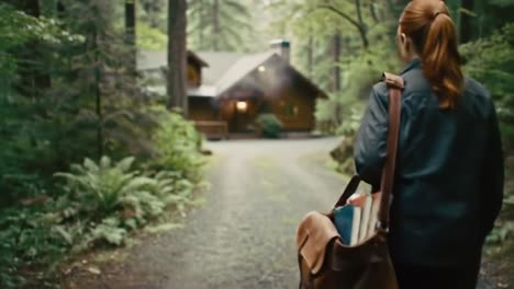 a journey into nature: a person approaches a cozy cabin surrounded by lush greenery, exploring the serenity of the forest path ahead