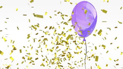 animación de confeti dorado cayendo sobre un globo de fiesta púrpura sobre un fondo blanco