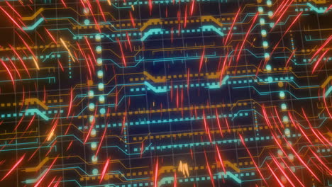 animation of orange light trails and data processing over circuit board