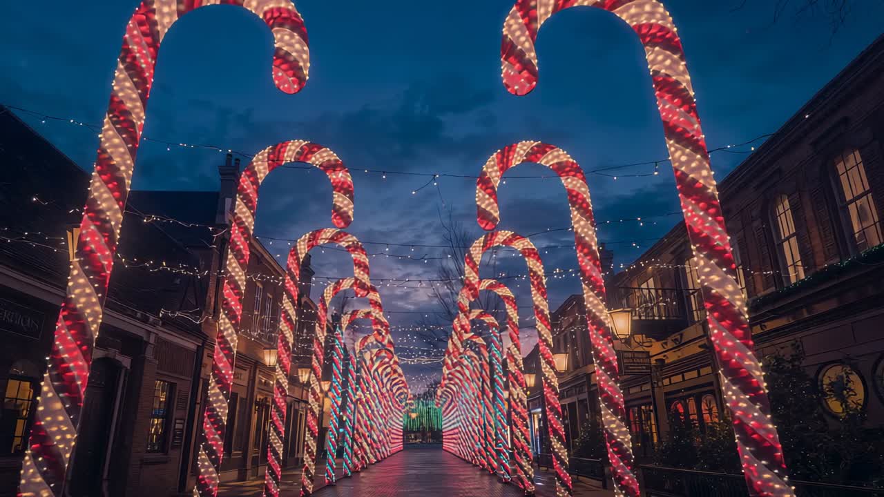 Upon clip opening camera gliding through holiday market street at dusk, revealing candy cane arches