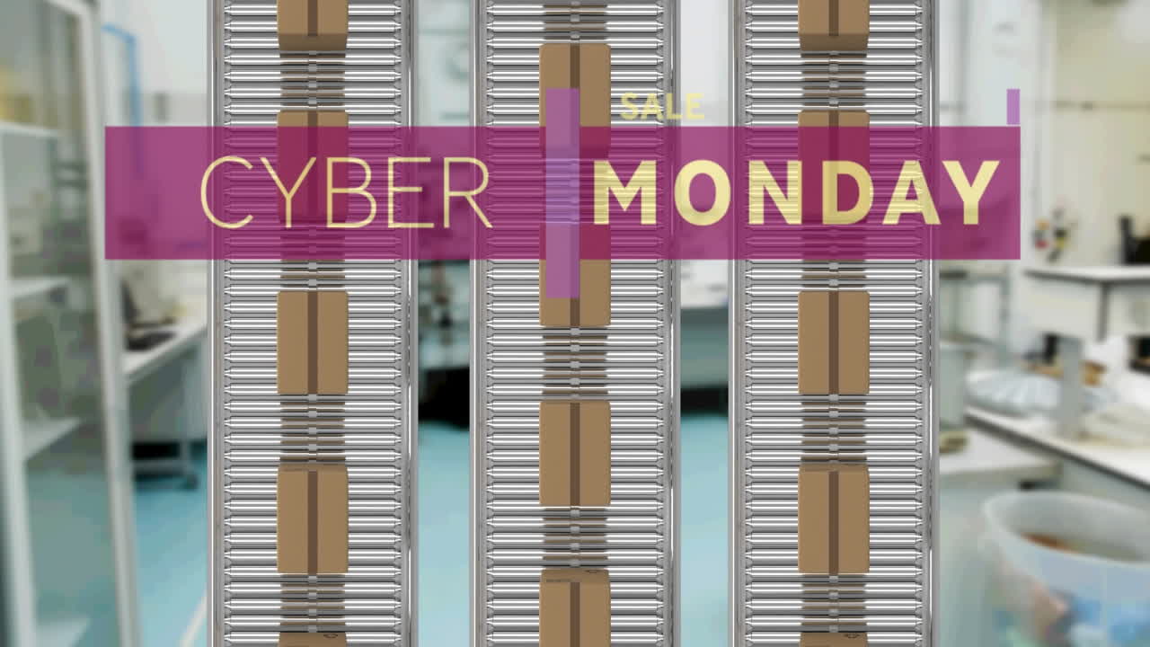 animación del texto de venta del lunes cibernético sobre cajas de cartón en cintas transportadoras