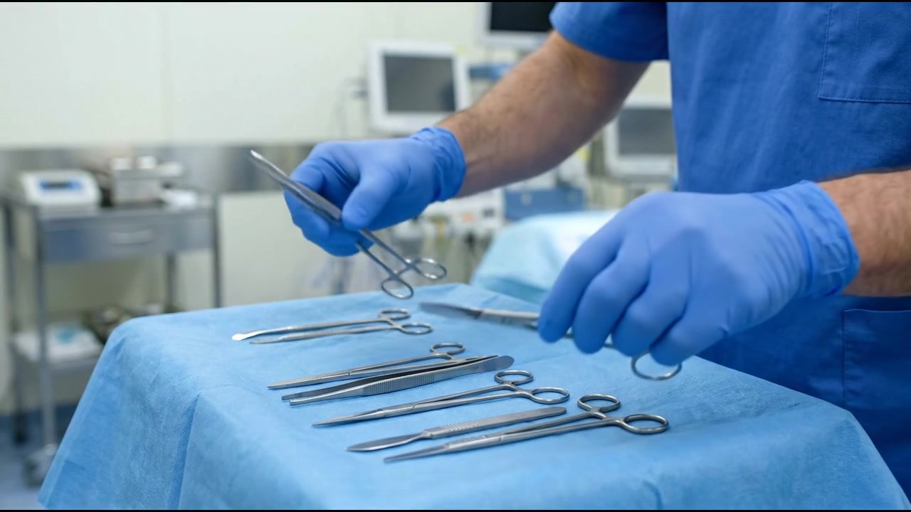Surgeon preparing surgical instruments in sterile operating room, horizontal 16:9 video