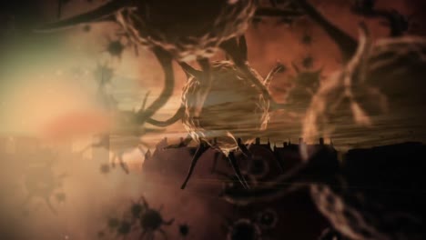 Animation-of-corona-virus-with-city-in-background