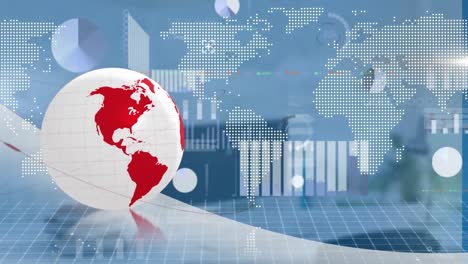 animation of globe, graphs and diverse data processing on digital screens over open space office