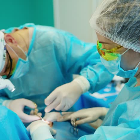 plastic surgery in clinic. professional doctor working with medical tools during operation. female nurse assists the surgeon in the operating room.