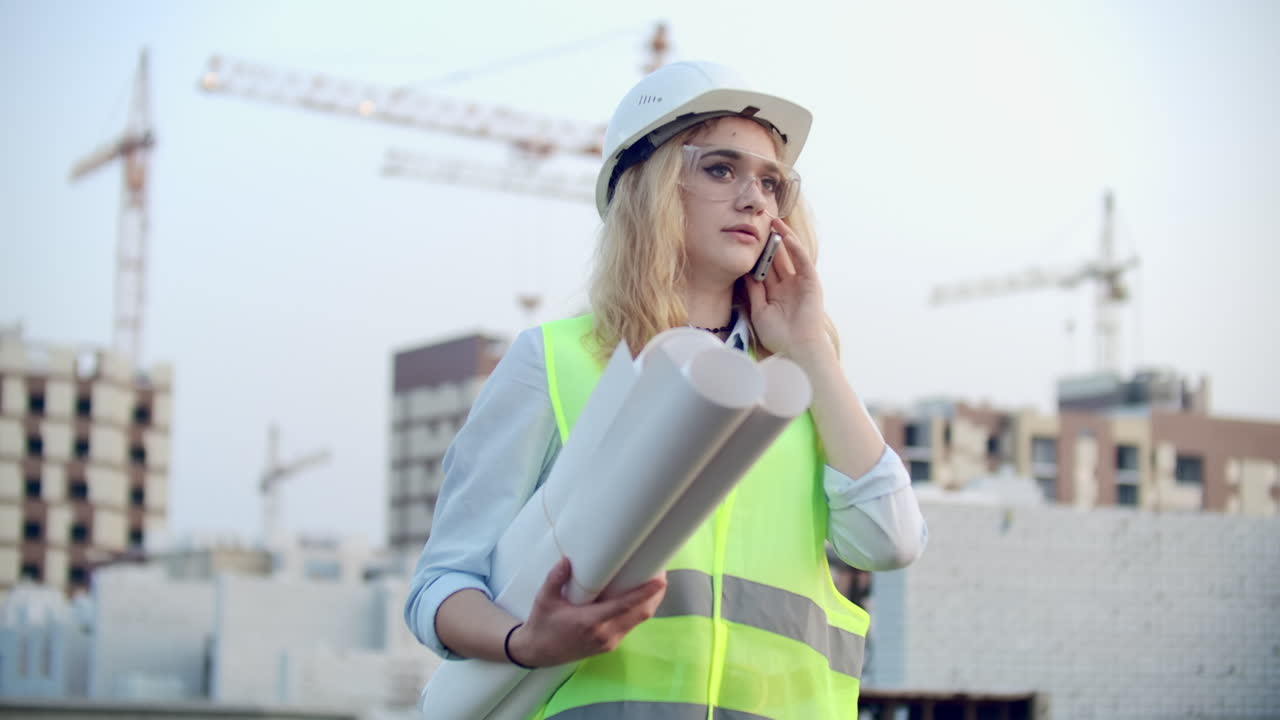 Woman engineer designer talking on the phone with the contractor with drawings in hand on the background of buildings under construction and cranes
