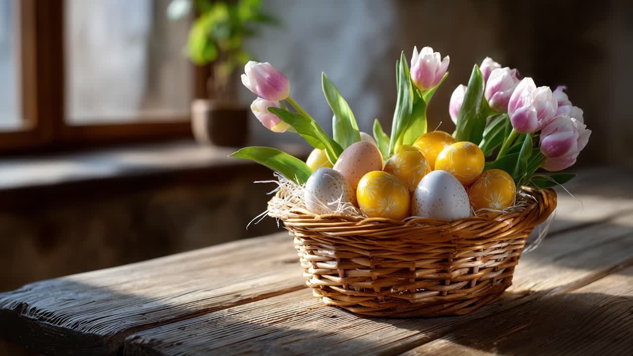 A Beautiful Easter Basket Filled with Colorful Eggs and Fresh Tulips on a Rustic Wooden Table Illuminated by Natural Sunlight