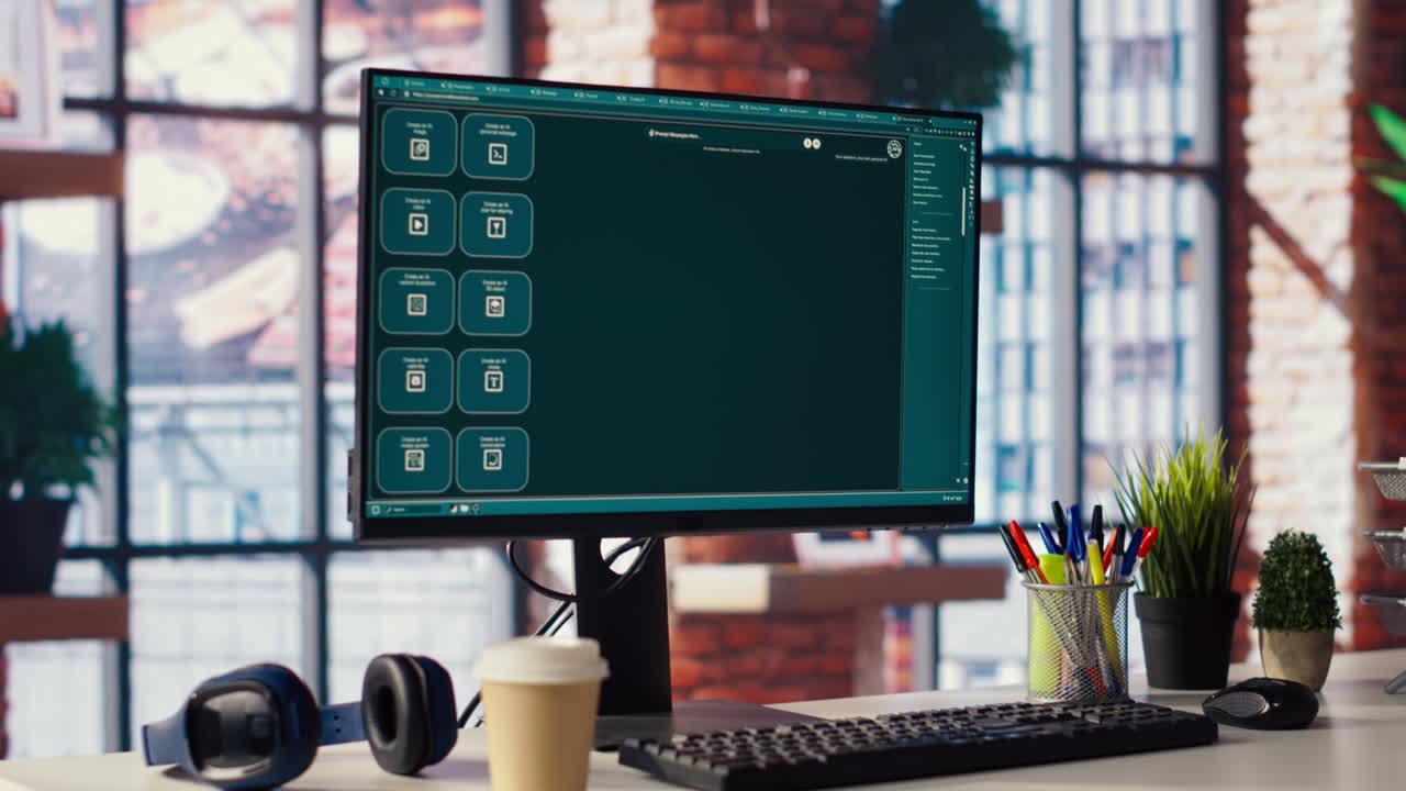 홈 오피스의 pc에 있는 aim 채팅  소프트웨어 인터페이스가 가상 어시스턴트를 보여줍니다.