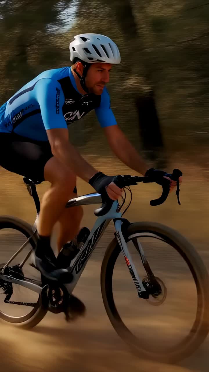 Video verticale: uomo con casco da bici che entra nell'inquadratura, affrontando una curva in un bosco polveroso con una gravel bike