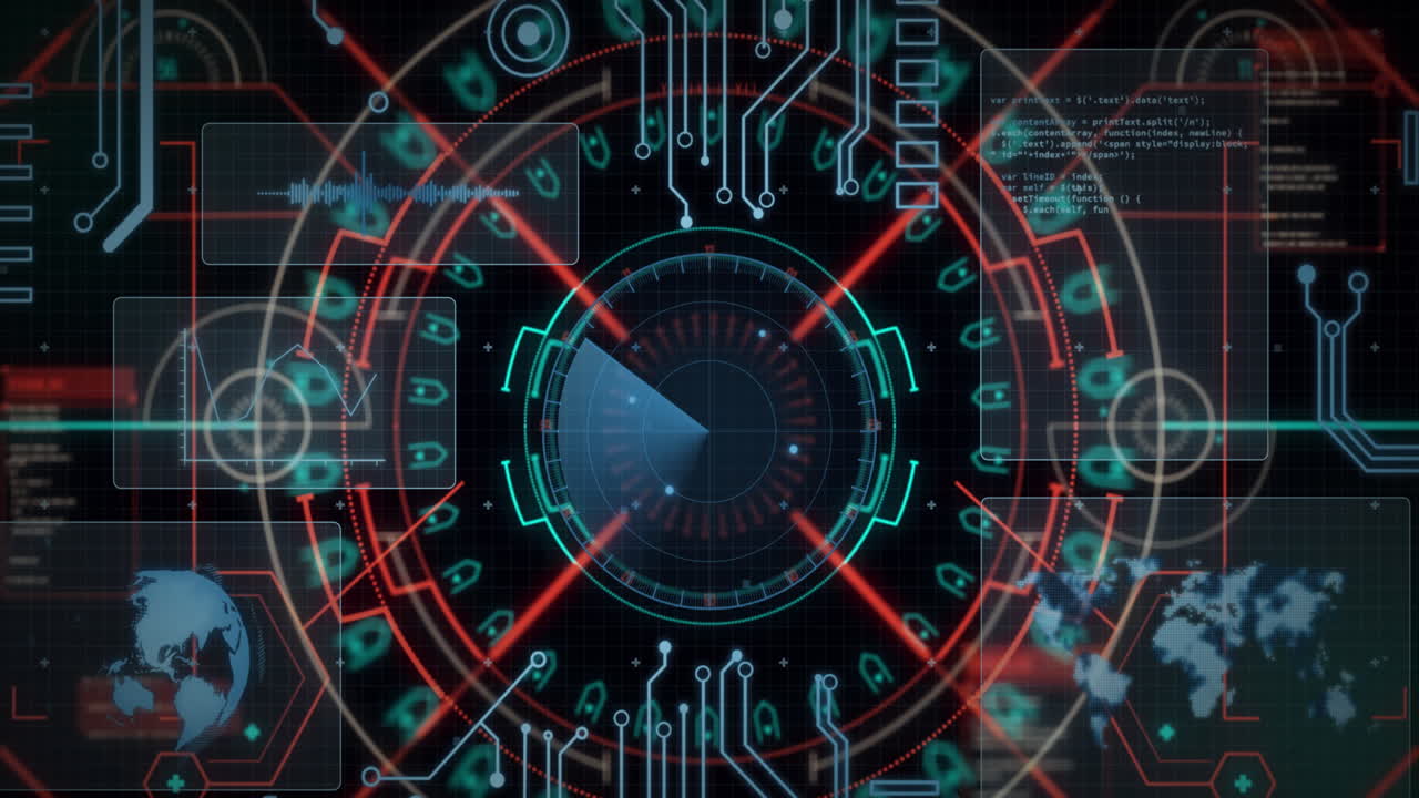 Animation of data processing with scope scanning on black background