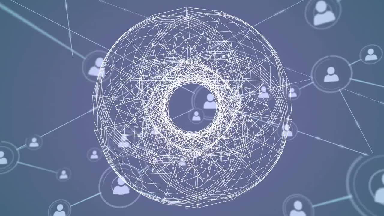 анимация сети соединений с иконами и формами на синем фоне